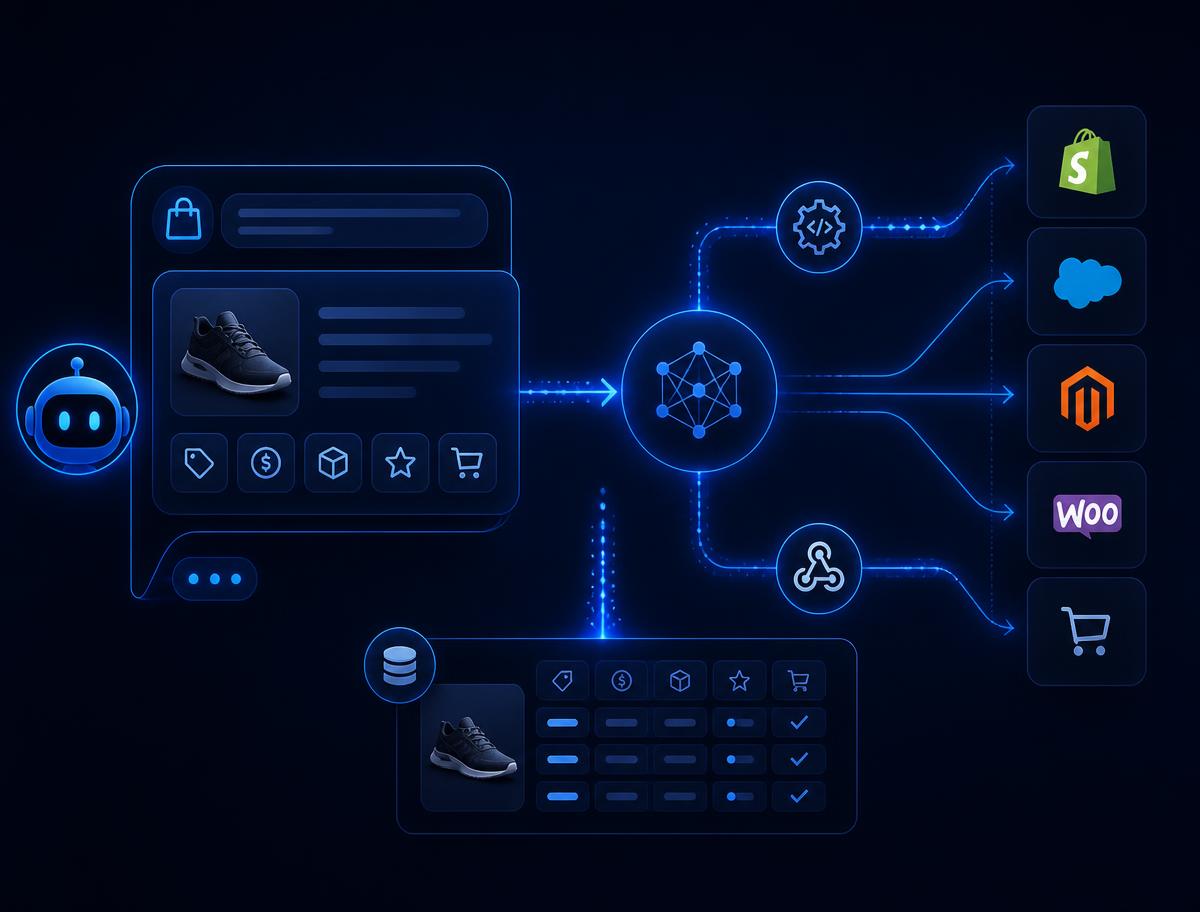 AI shopping agent querying structured product data that flows through APIs into commerce platforms