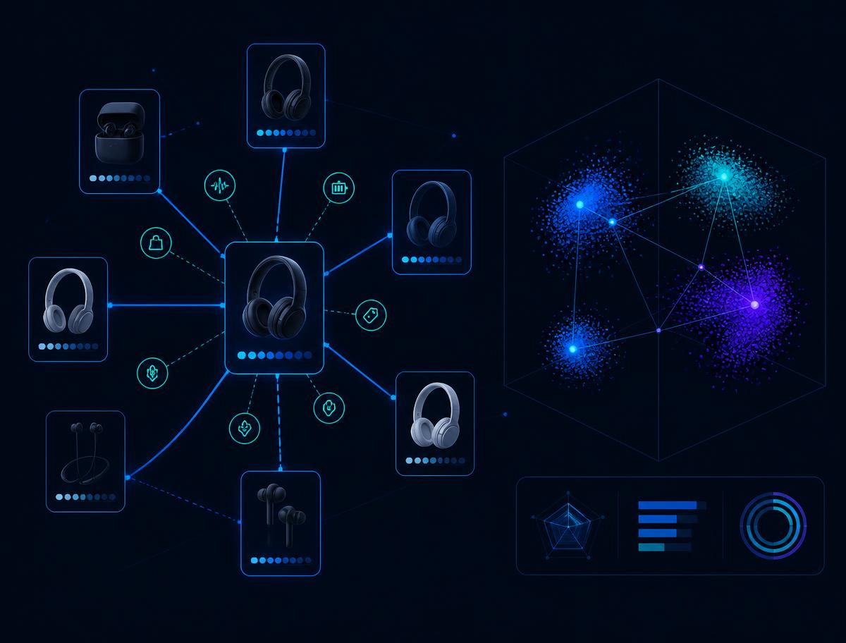 Product knowledge graph linking related products with attributes and embedding clusters