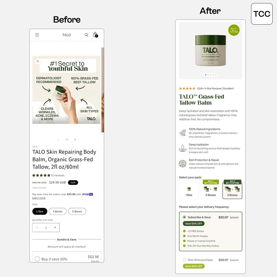Skincare product page before and after redesign with benefit icons and pack selection