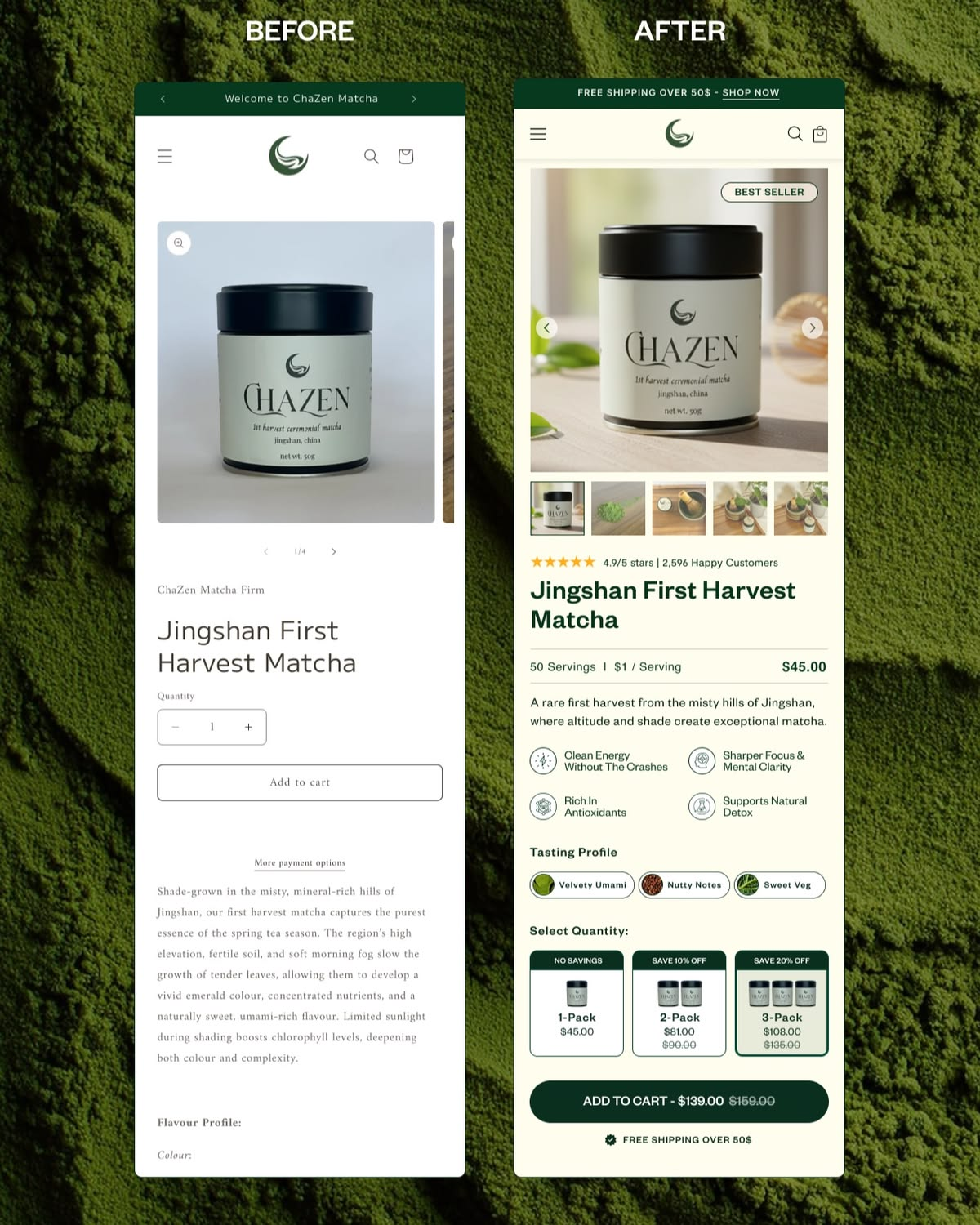 Matcha product page before and after redesign with tasting profile and quantity tiers